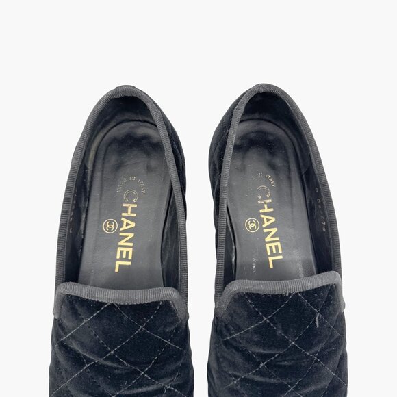 Chanel CC Cap Toe Quilted Loafers Size 37.5 US 6.5-7 Black Velvet Flat Slipper - Picture 4 of 14